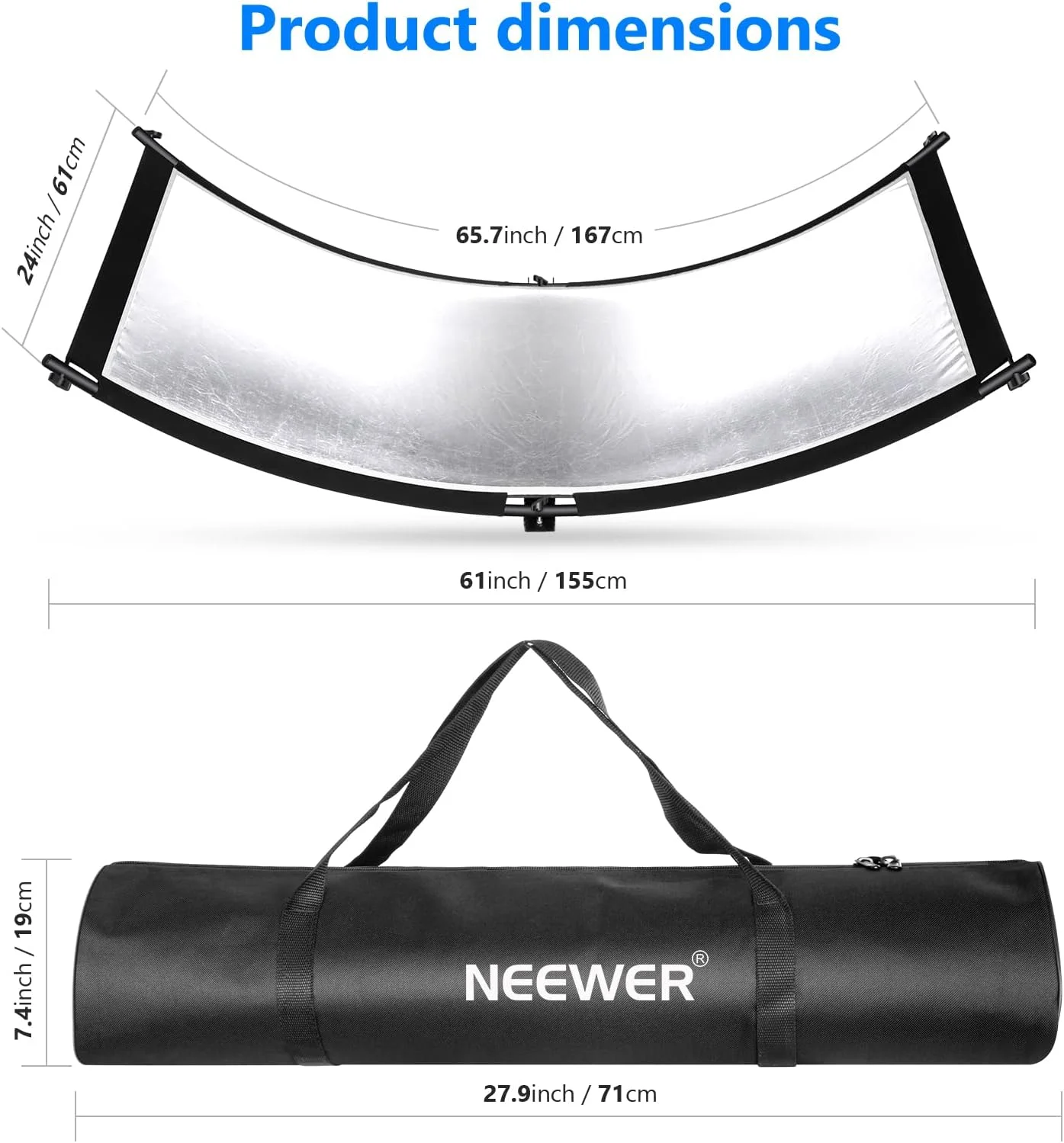 نورپرداز صدفى Neewer، بازتابنده نور منحنى عکاسی 167x60 سانتی‌متر با رنگ‌های مشکی، نقره‌ای، سفید، طلایی، سبز کروماکی، آبی (پایه شامل نمی‌شود)