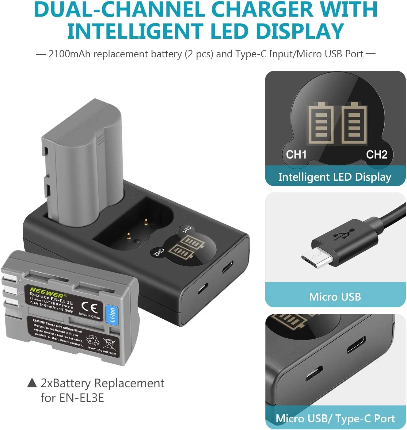 باتری جایگزین 2100 میلی آمپر ساعتی Neewer برای Nikon EN-EL3e به همراه شارژر USB دوتایی با صفحه نمایش LCD سازگار با Nikon D50 D70 D70s D80 D90 D100 D200 D300 D300s D700 باتری جایگزین 2100 میلی آمپر ساعتی Neewer برای Nikon EN-EL3e به همراه شارژر USB دوتایی با صفحه نمایش LCD سازگار با Nikon D50 D70 D70s D80 D90 D100 D200 D300 D300s D700