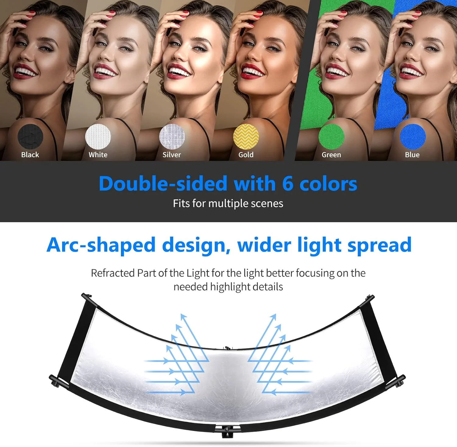 نورپرداز صدفى Neewer، بازتابنده نور منحنى عکاسی 167x60 سانتی‌متر با رنگ‌های مشکی، نقره‌ای، سفید، طلایی، سبز کروماکی، آبی (پایه شامل نمی‌شود)