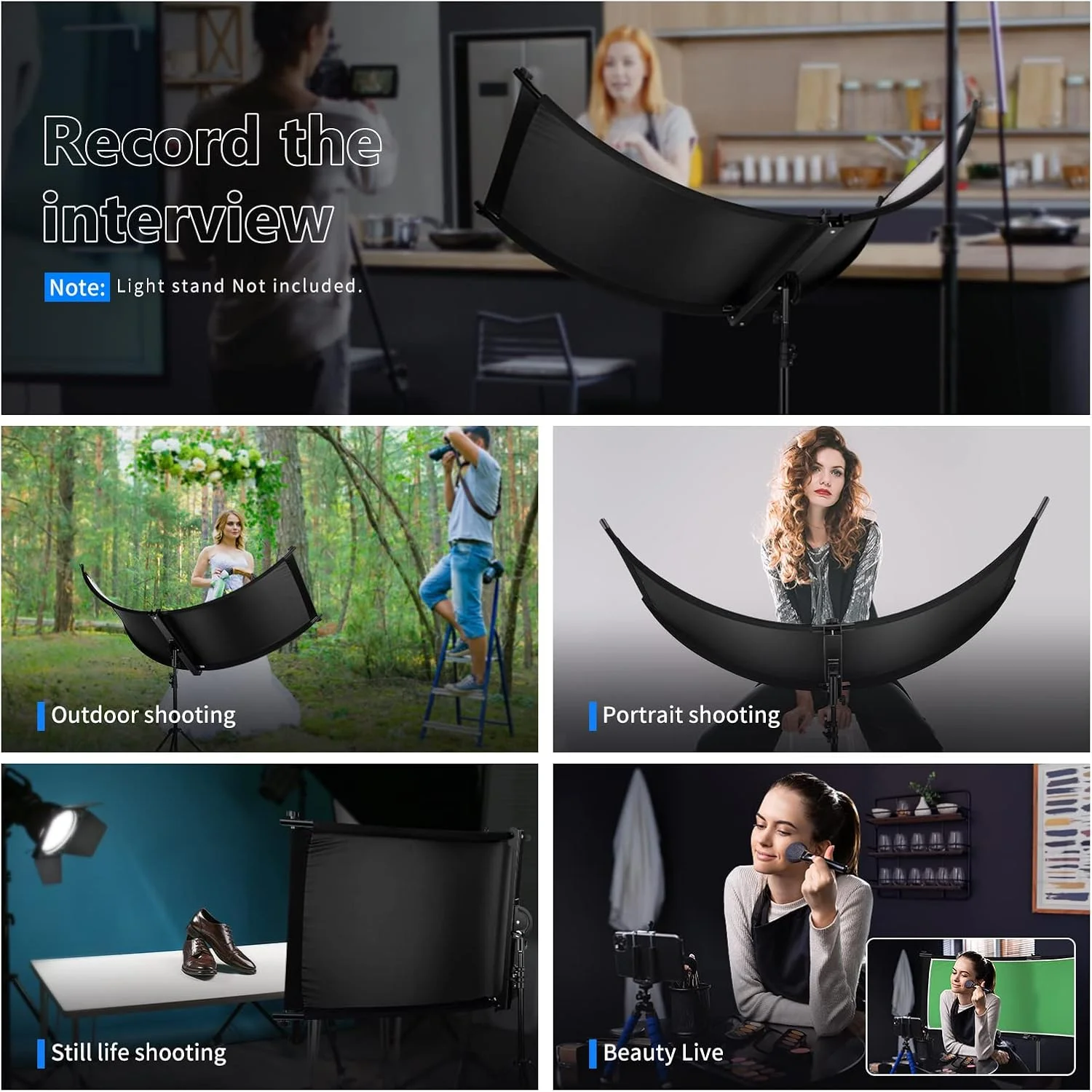 نورپرداز صدفى Neewer، بازتابنده نور منحنى عکاسی 167x60 سانتی‌متر با رنگ‌های مشکی، نقره‌ای، سفید، طلایی، سبز کروماکی، آبی (پایه شامل نمی‌شود)