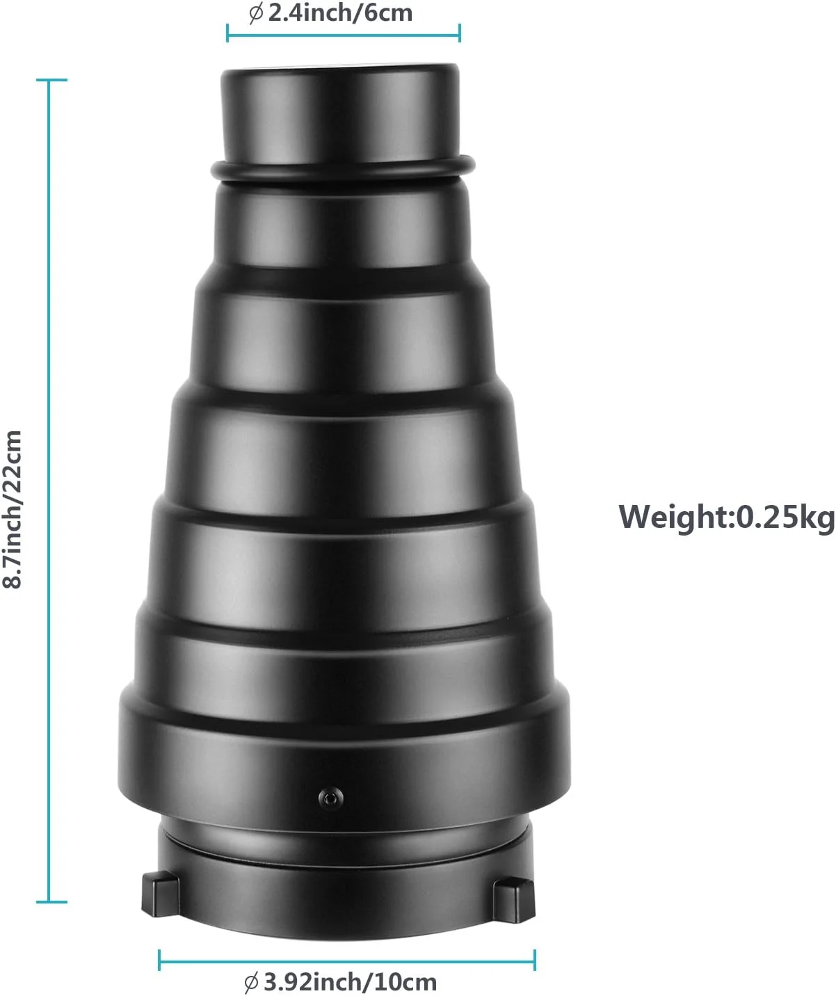 کیت اسنوت مخروطی آلیاژ آلومینیوم Neewer سایز متوسط با گرید لانه زنبوری و 5 فیلتر ژل رنگی برای استودیو، نور تک استروب عکاسی، فلاش، بوئنز، مانت (22 سانتی متر)