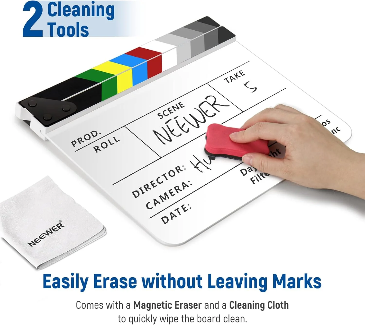 تخته کلاکت فیلمبرداری اکرلیک NEEWER، 30x25 سانتی متر، تخته صحنه فیلمبرداری پلاستیکی با پاک کن مغناطیسی، 2 عدد قلم مبتنی بر آب، پارچه تمیز کننده و آچار آلن L شکل (سفید)