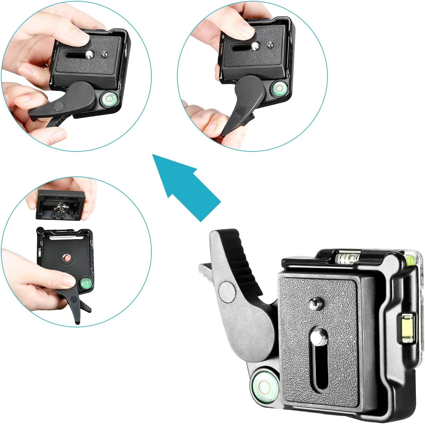 آداپتور صفحه رهاسازی سریع آلیاژ آلومینیوم مشکی Neewer® با پیچ 1/4 اینچ - 3/8 اینچ و تراز حبابی برای سه پایه دوربین DSLR، تک پایه، تثبیت کننده، سر توپی