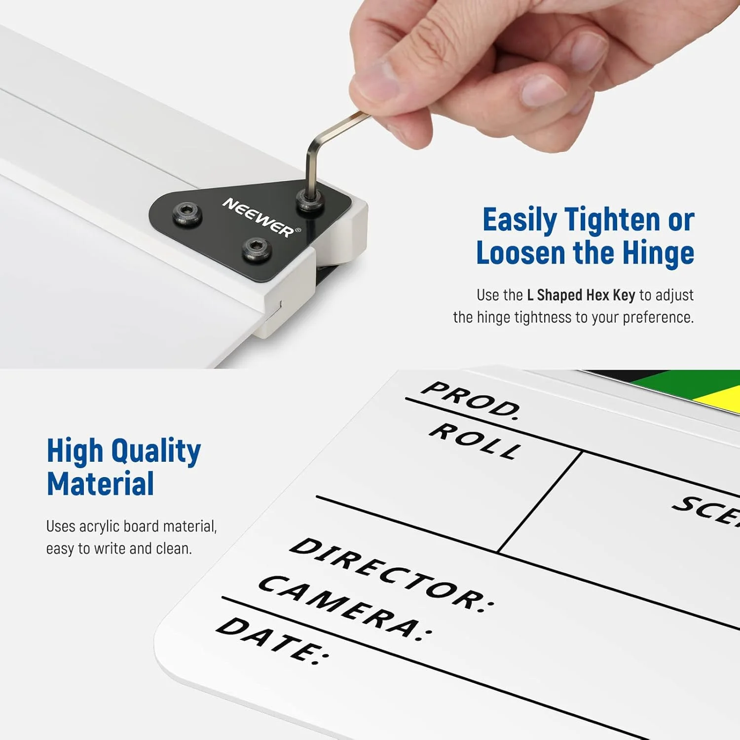 تخته کلاکت فیلمبرداری اکرلیک NEEWER، 30x25 سانتی متر، تخته صحنه فیلمبرداری پلاستیکی با پاک کن مغناطیسی، 2 عدد قلم مبتنی بر آب، پارچه تمیز کننده و آچار آلن L شکل (سفید)