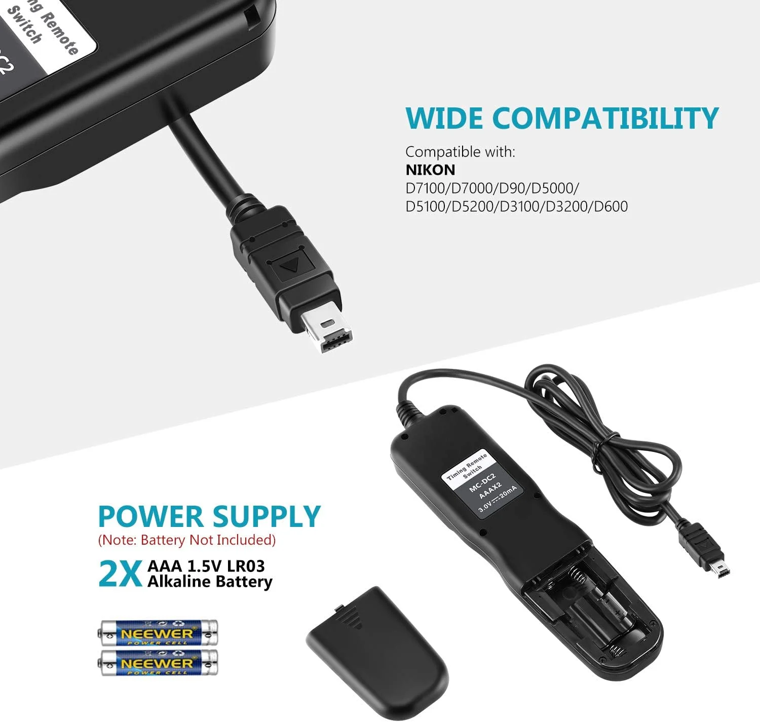ریموت کنترل تایمر دیجیتال Neewer (جایگزین MC-DC2) برای دوربین های نیکون D90 D5000 D5200 D7100 D4