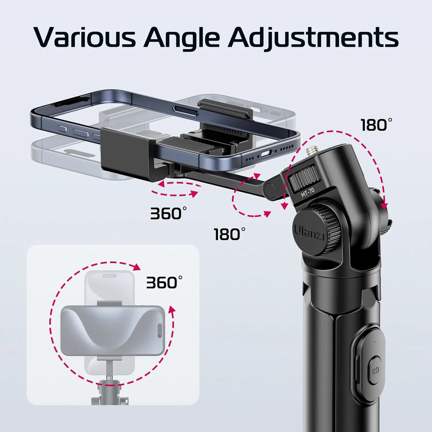 سه پایه تلسکوپی ULANZI MT-70، پایه سلفی استیک 63 اینچی Vlog با 2 گیره تلفن به عنوان تله پروپتر، نگهدارنده دوربین با چرخش 360 درجه برای آیفون، سونی، کانن، DJI Osmo Nano، سبک وزن برای مسافرت، مشکی