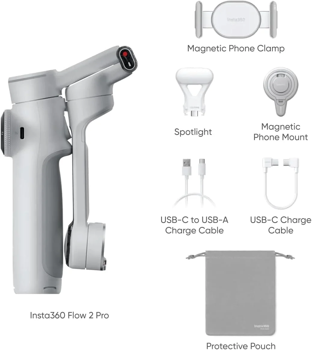 کیت تولید محتوای Insta360 Flow 2 Pro | تثبیت کننده هوش مصنوعی نهایی، ردیابی پانورامای 360 درجه، سه پایه/مونوپاد داخلی، ردیابی چند نفره - خاکستری سنگی