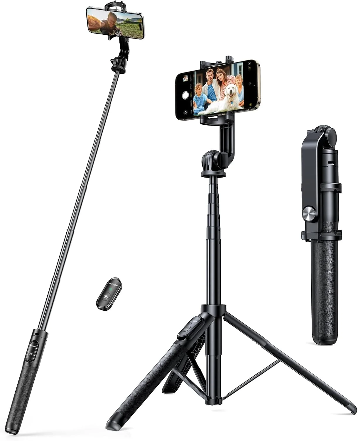 پایه سلفی سه پایه UGREEN با قابلیت افزایش طول تا 152 سانتی متر، پایه دوربین آلیاژی، دارای ریموت کنترل بلوتوث، مناسب برای آیفون 17 پرو مکس S25 Ultra و تمامی گوشی ها و دوربین ها