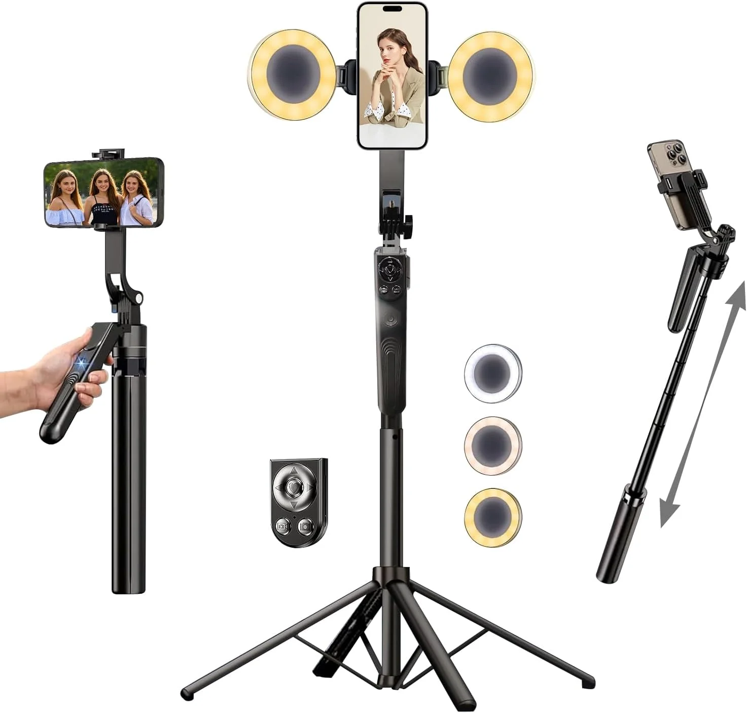 پایه نگهدارنده گوشی موبایل Begally با قابلیت ردیابی خودکار چهره، چرخش 360 درجه، نورپردازی، سنسور حرکتی 70 اینچی، کنترل با اشاره برای تولید محتوا، پخش زنده و ضبط ویدیو