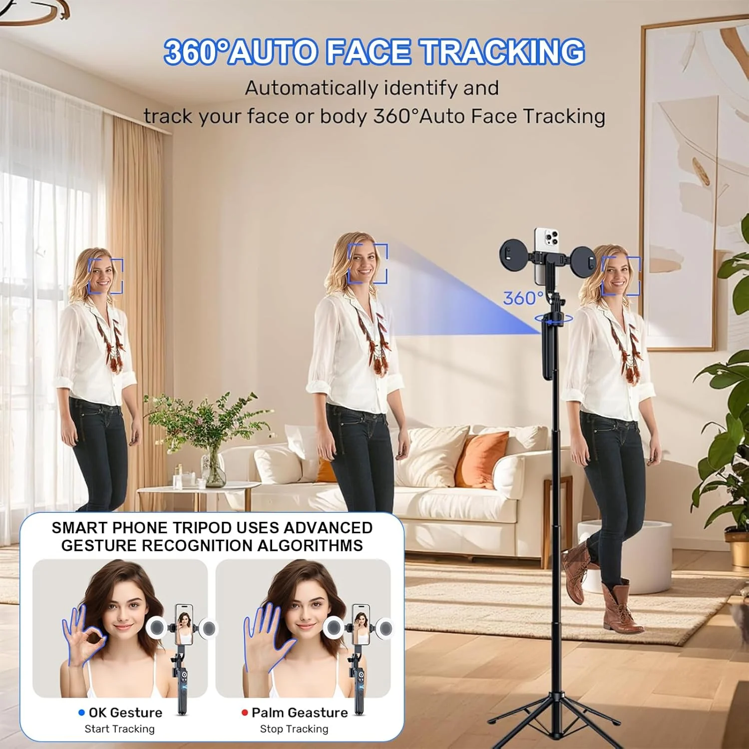 پایه نگهدارنده گوشی موبایل Begally با قابلیت ردیابی خودکار چهره، چرخش 360 درجه، نورپردازی، سنسور حرکتی 70 اینچی، کنترل با اشاره برای تولید محتوا، پخش زنده و ضبط ویدیو