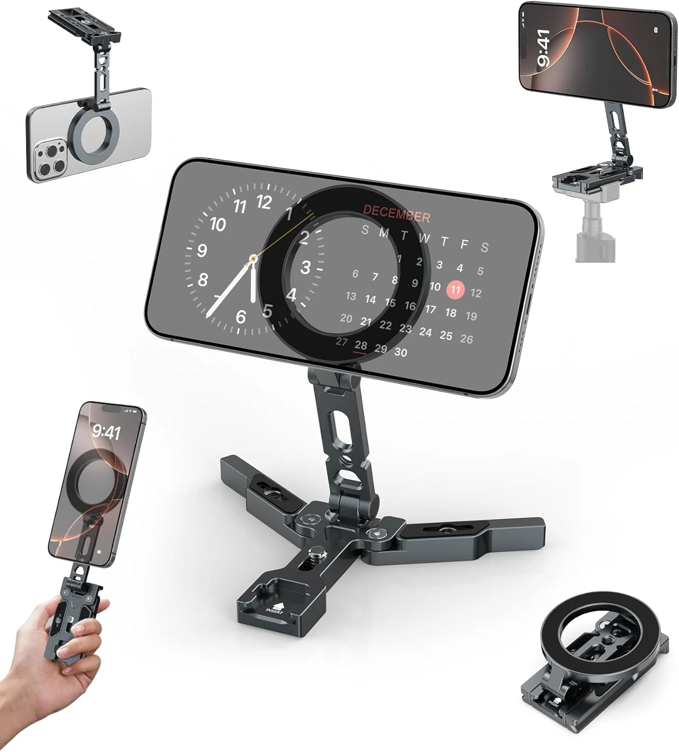 پایه نگهدارنده مغناطیسی گوشی TONEOF، پایه تاشو آلومینیومی 3 در 1 با سوراخ پیچ استاندارد 1/4 و مانت کفشک سرد، پایه جیبی گوشی برای دست، میز و سه پایه، برای همه گوشی ها