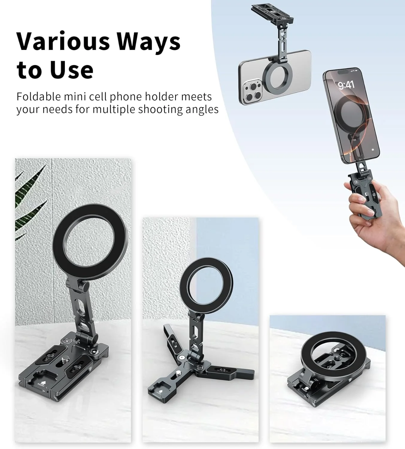 پایه نگهدارنده مغناطیسی گوشی TONEOF، پایه تاشو آلومینیومی 3 در 1 با سوراخ پیچ استاندارد 1/4 و مانت کفشک سرد، پایه جیبی گوشی برای دست، میز و سه پایه، برای همه گوشی ها