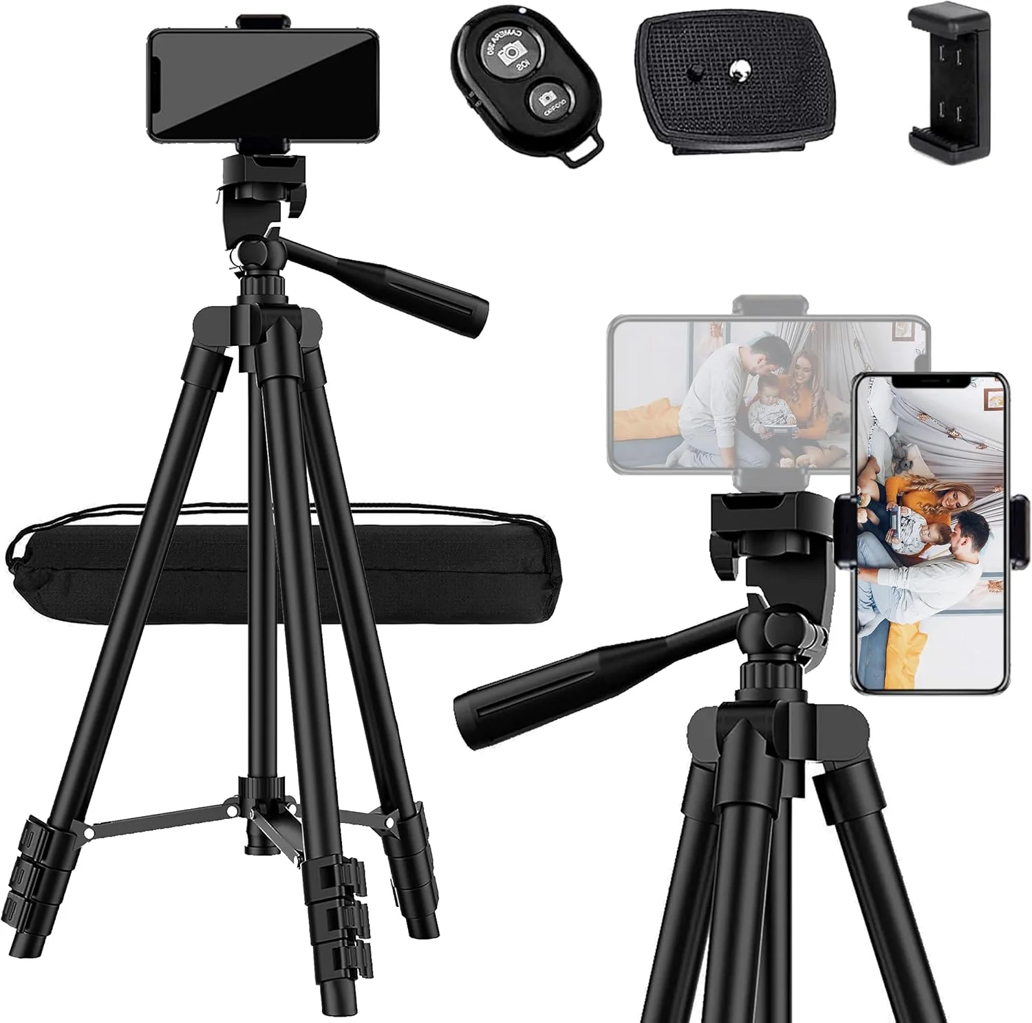 سه پایه BYNARIES برای آیفون با ریموت کنترل بی سیم | سه پایه موبایل با ارتفاع قابل تنظیم 40 سانتی متر تا 130 سانتی متر - سه پایه تلفن با چرخش 360 درجه، سر پانورامای 3 طرفه، سازگاری با DSLR، تلفن و موارد دیگر، همراه با کیف حمل
