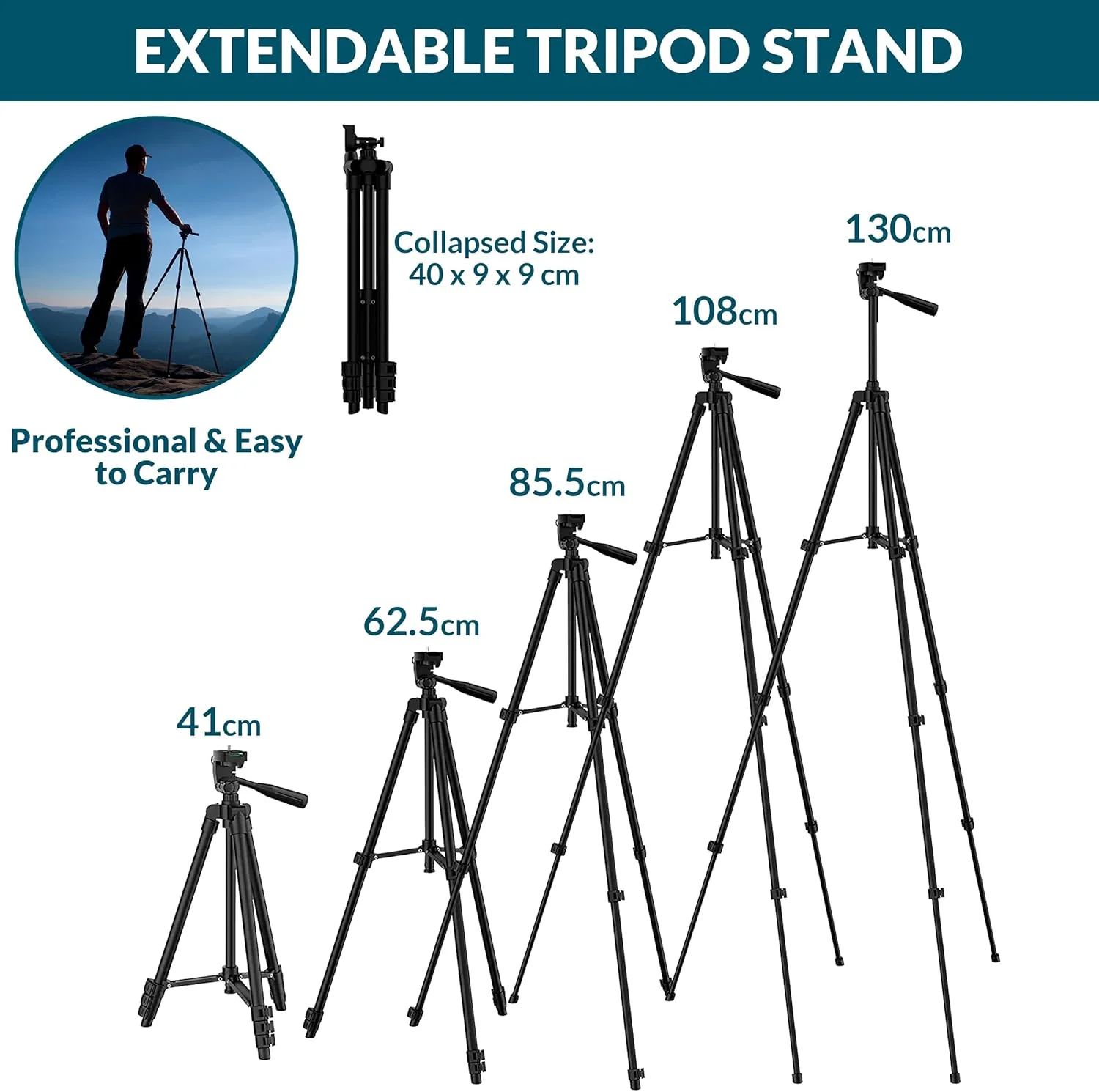 سه پایه BYNARIES برای آیفون با ریموت کنترل بی سیم | سه پایه موبایل با ارتفاع قابل تنظیم 40 سانتی متر تا 130 سانتی متر - سه پایه تلفن با چرخش 360 درجه، سر پانورامای 3 طرفه، سازگاری با DSLR، تلفن و موارد دیگر، همراه با کیف حمل