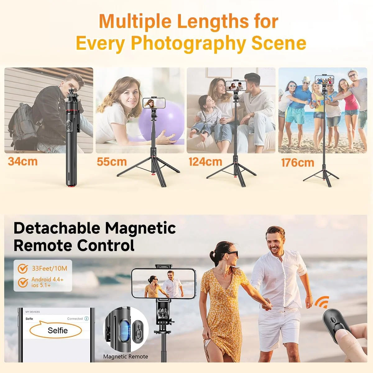 پایه نگهدارنده گوشی 1.76 متری، مونوپاد و سه پایه با قابلیت باز شدن خودکار، دارای ریموت کنترل مغناطیسی بی‌سیم، چرخش 360 درجه، سه پایه پایدار برای ضبط ویدیو، مناسب برای گوشی های هوشمند و دوربین