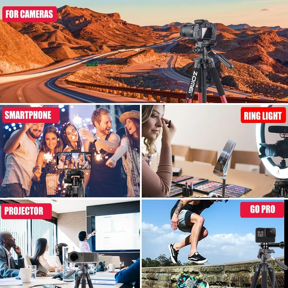 سه پایه دوربین ZOMEI 74 اینچی، سه پایه دوربین حرفه ای آلومینیومی سنگین، سه پایه برای دوربین DSLR SLR با کیف حمل، سازگار با آیفون، پروژکتور، وب کم، دوربین های دیدبانی (قرمز)