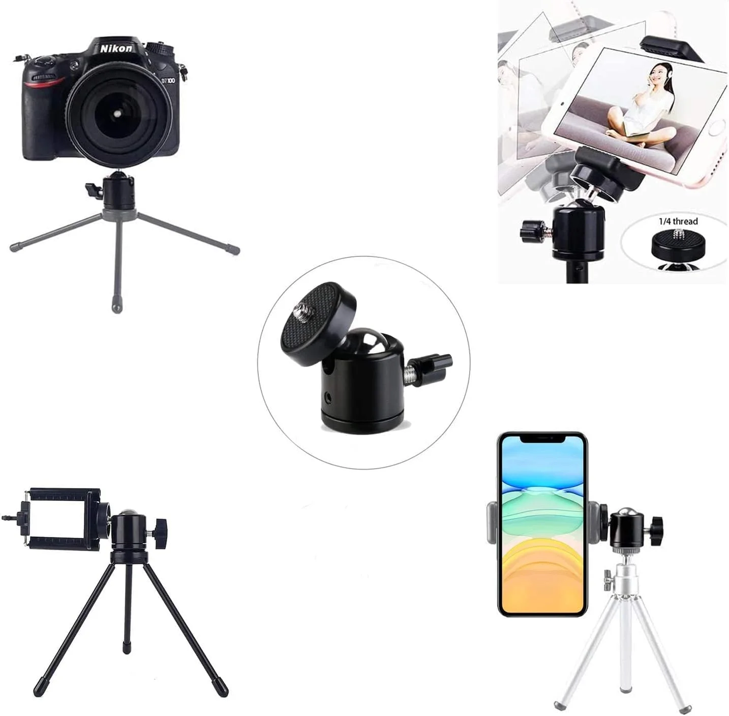 پایه توپی کوچک SYOSI با پیچ سه پایه، یونیورسال 1/4 اینچ، چرخش 360 درجه، آداپتور پایه چرخشی، برای دوربین های DSLR، سه پایه ها، تک پایه ها، دوربین فیلمبرداری، پایه نور (2 عدد)