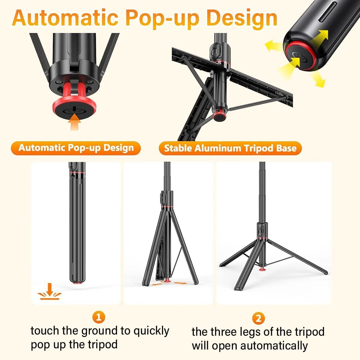 پایه نگهدارنده گوشی 1.76 متری، مونوپاد و سه پایه با قابلیت باز شدن خودکار، دارای ریموت کنترل مغناطیسی بی‌سیم، چرخش 360 درجه، سه پایه پایدار برای ضبط ویدیو، مناسب برای گوشی های هوشمند و دوربین