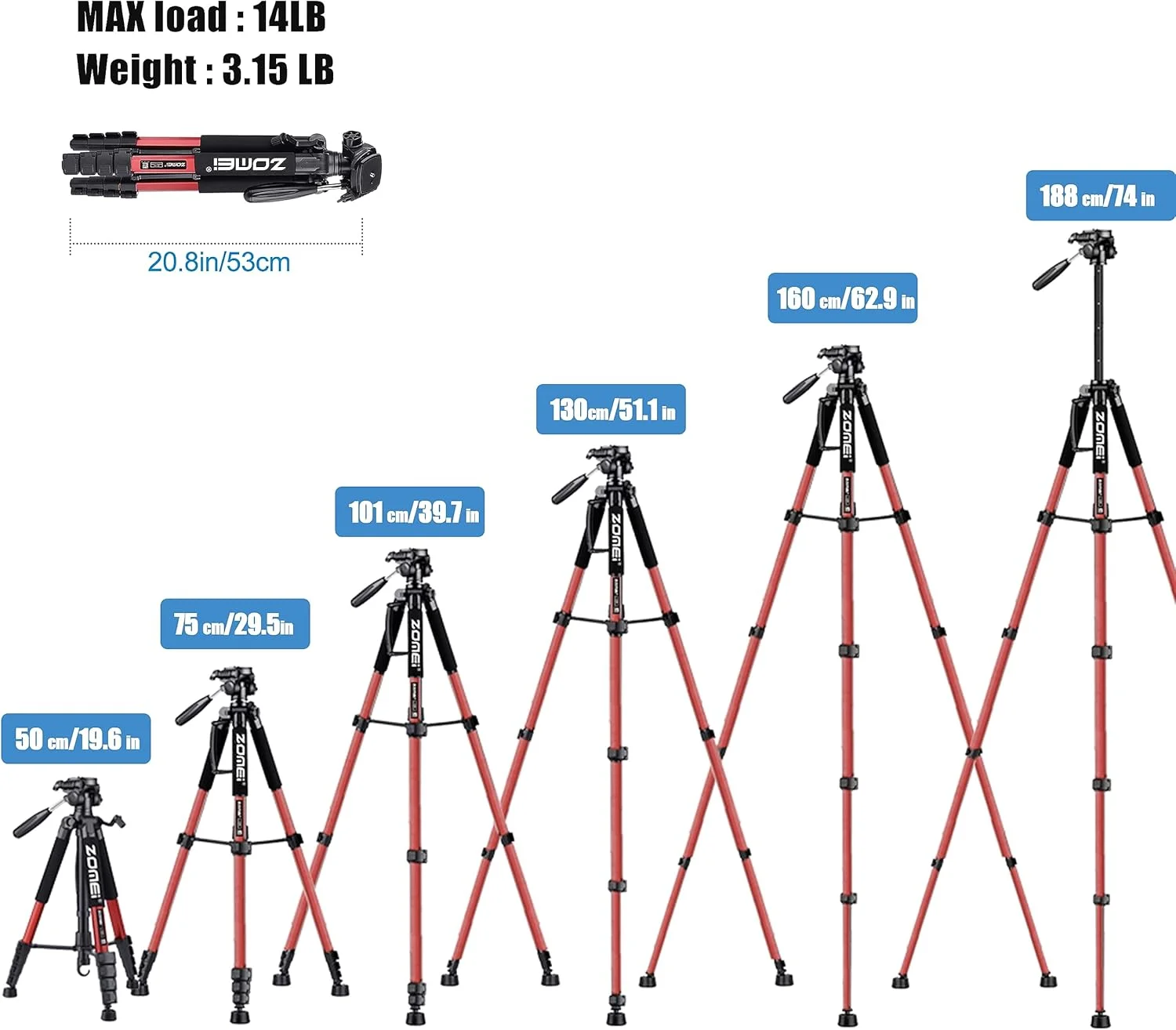 سه پایه دوربین ZOMEI 74 اینچی، سه پایه دوربین حرفه ای آلومینیومی سنگین، سه پایه برای دوربین DSLR SLR با کیف حمل، سازگار با آیفون، پروژکتور، وب کم، دوربین های دیدبانی (قرمز)