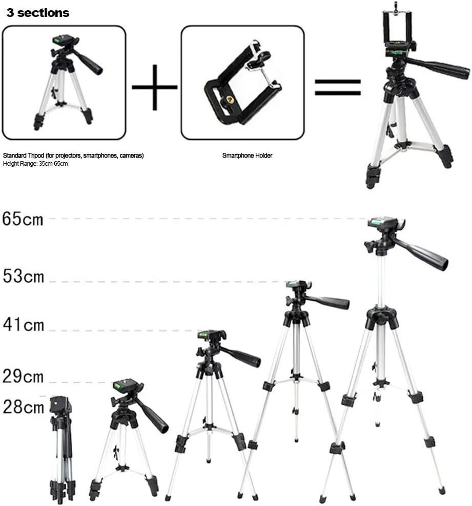 سه پایه آلومینیومی قابل حمل با نگهدارنده تلفن (JF-3110, 28-65cm, نقره ای/مشکی)