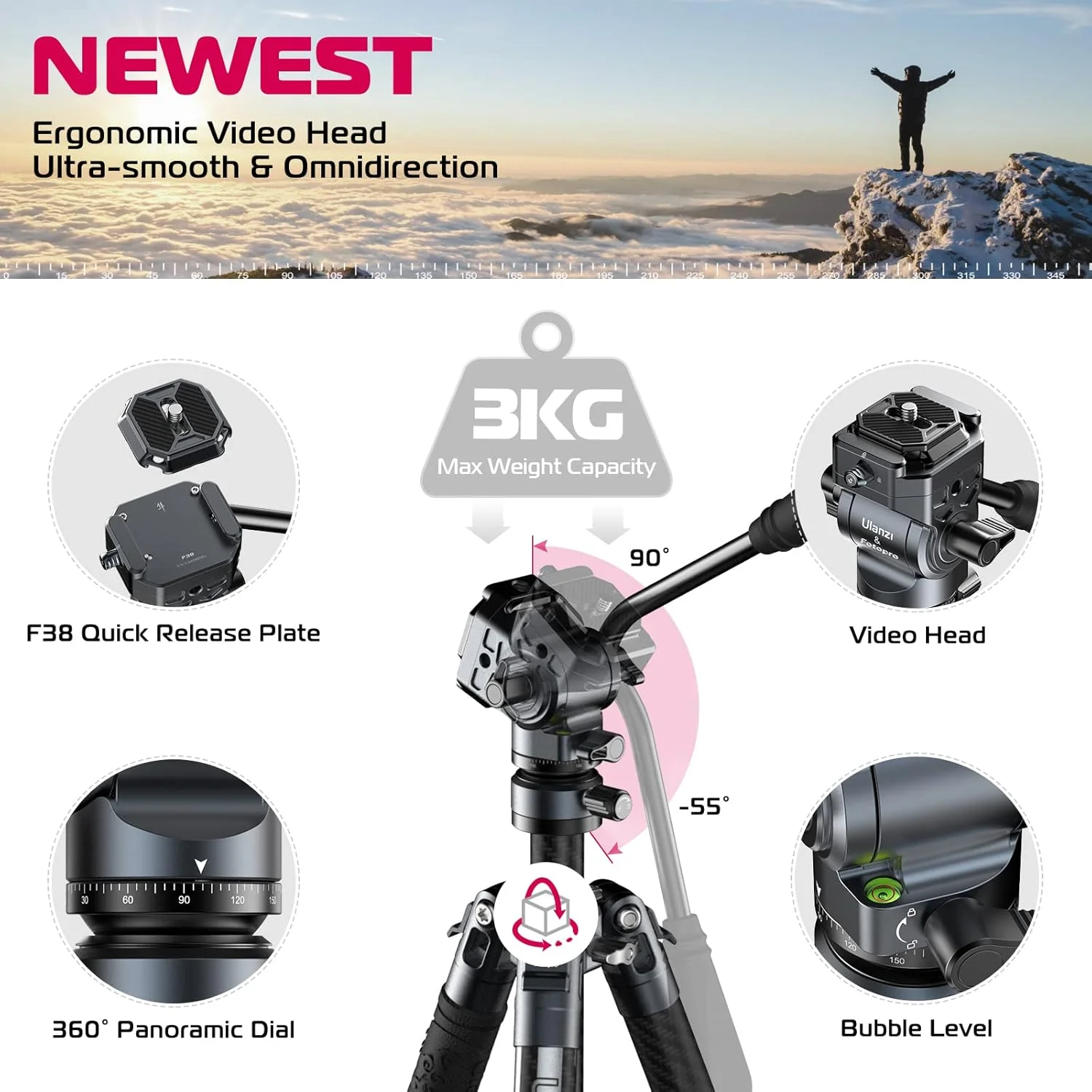 سه پایه مسافرتی فیلمبرداری ULANZI F38، سه پایه دوربین فیبر کربنی سبک وزن 61.4 اینچی با پیچ 1/4 اینچی و هد فیلمبرداری با رهاسازی سریع، برای اکثر دوربین ها/DSLR/پروژکتور، وزن 2.38 پوند، حداکثر بار 22 پوند