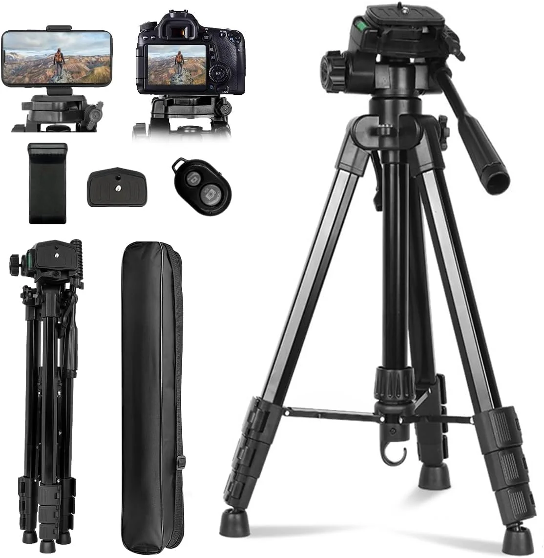 پایه سه پایه دوربین 170 سانتی متری، پایه دوربین بلند حرفه ای برای فیلمبرداری با تلفن همراه، سه پایه تلفن همراه با ریموت / نگهدارنده تلفن، سه پایه های DSLR مسافرتی برای ضبط ویدیو، عکس، ولاگ، کانن، نیکون، آیفون، سونی