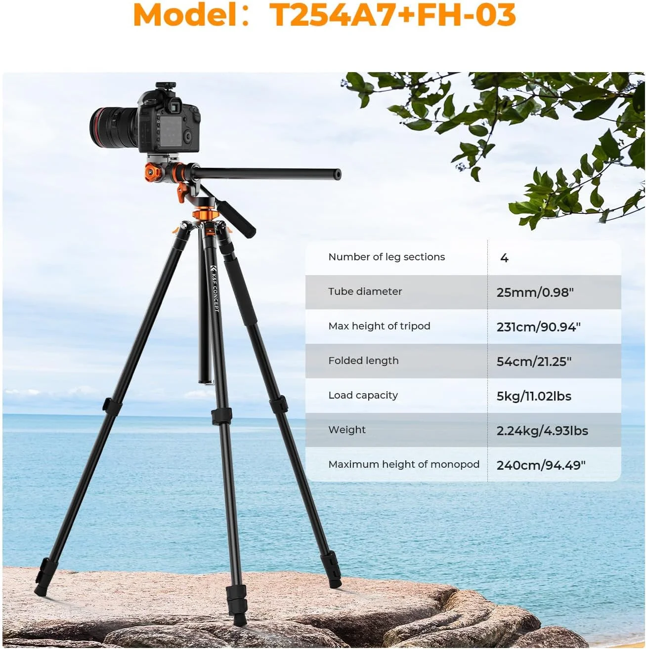 سه پایه فیلمبرداری K&F CONCEPT 91 اینچی، سه پایه افقی بالای سر با ستون مرکزی چند زاویه ای، سه پایه آلومینیومی تک پایه با هد سیال و صفحه رهاسازی سریع برای دوربین DSLR، دوربین فیلمبرداری، ظرفیت بار 5 کیلوگرم