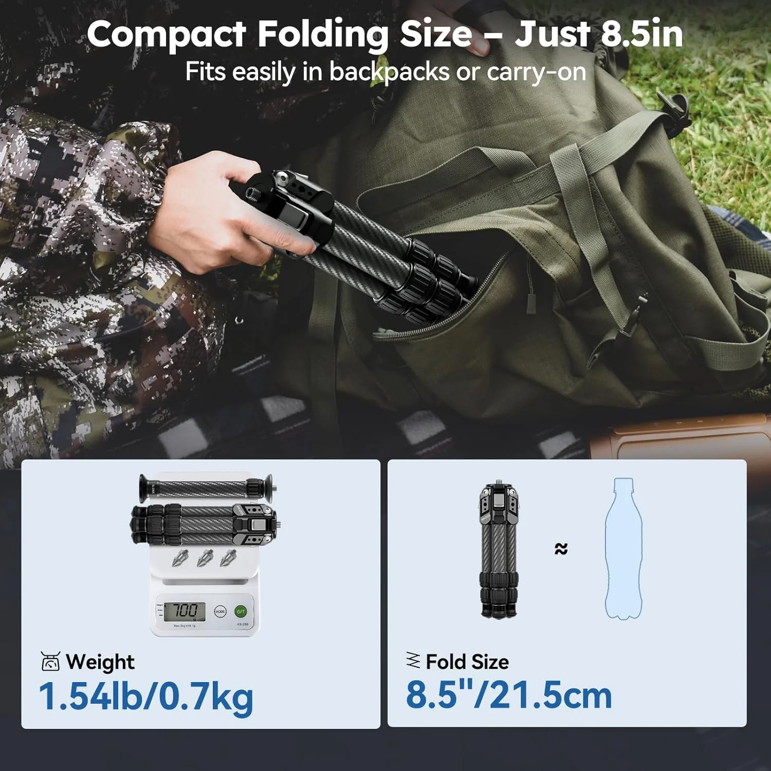 سه پایه فیبر کربنی کوچک SIRUI با ستون مرکزی قابل افزایش، حداکثر ارتفاع 66 سانتی متر، تحمل وزن 15 کیلوگرم - فوق سبک 700 گرم برای میز و مسافرت، فیبر کربنی ضد خوردگی جدید (AM-223S+SL-100S)