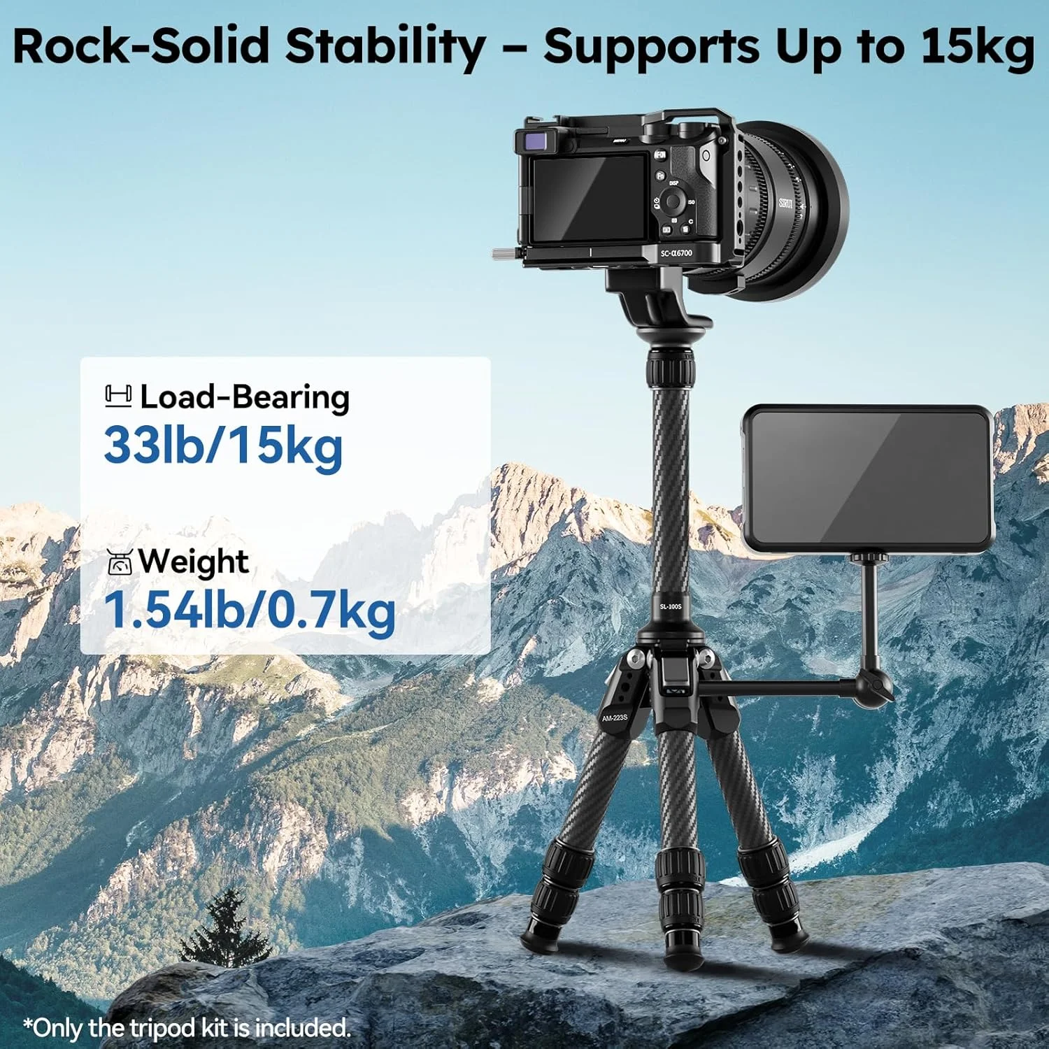 سه پایه فیبر کربنی کوچک SIRUI با ستون مرکزی قابل افزایش، حداکثر ارتفاع 66 سانتی متر، تحمل وزن 15 کیلوگرم - فوق سبک 700 گرم برای میز و مسافرت، فیبر کربنی ضد خوردگی جدید (AM-223S+SL-100S)