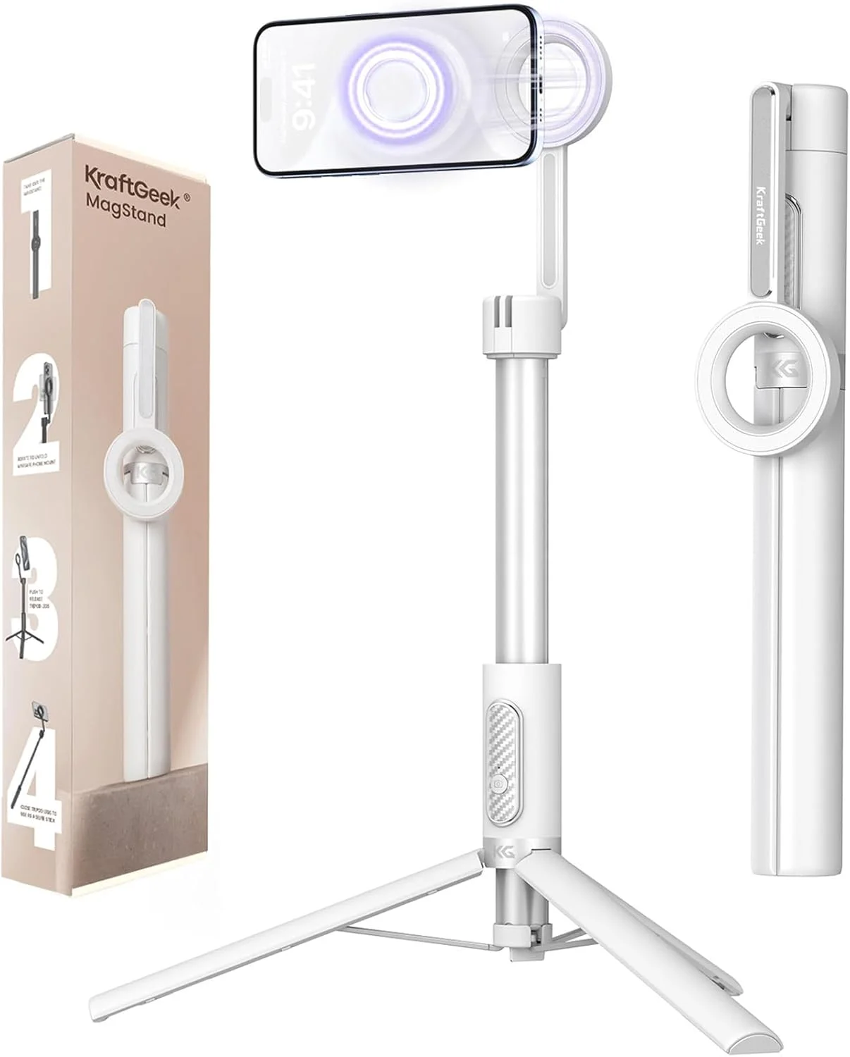 سه پایه سلفی مغناطیسی KraftGeek برای آیفون، سه پایه تلفن 162 سانتی‌متری برای Magsafe، پایه تلفن مسافرتی با ریموت برای آیفون 16 پرو مکس