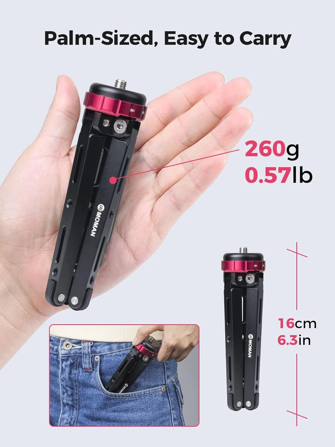 سه پایه کوچک مومان مدل TR01، سه پایه رومیزی کوچک دوربین، آلومینیوم CNC، اتصال پیچ 1/4 3/8، حداکثر تحمل وزن 80 کیلوگرم برای دوربین های DSLR کانن، سونی، نیکون، پاناسونیک، تلفن هوشمند، گیمبال، مشکی قرمز