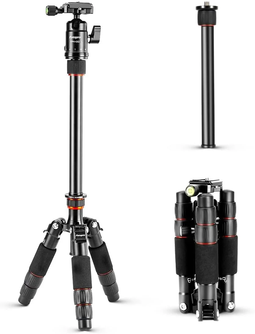 سه پایه کوچک فیبر کربنی Fotopro با تک پایه تاشو، حداقل اندازه 17.5 سانتی متر، سبک وزن، قابل حمل، سه پایه کوچک دوربین فیبر کربنی با سر توپی 360 درجه برای DSLR Canon Nikon، حداکثر بار تا 12 کیلوگرم