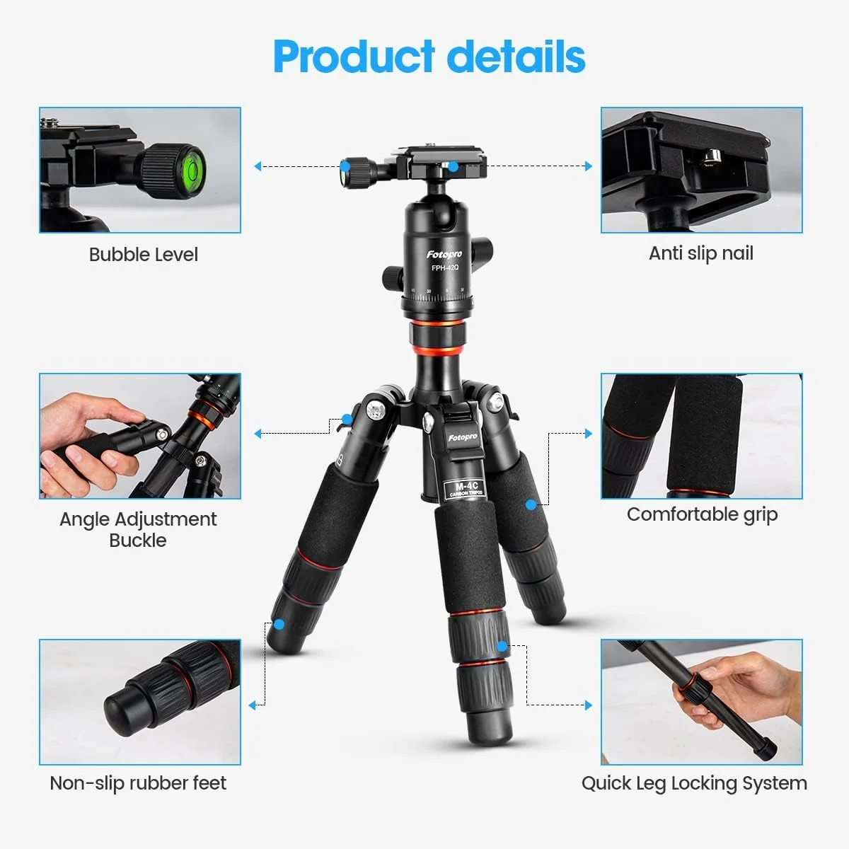 سه پایه کوچک فیبر کربنی Fotopro با تک پایه تاشو، حداقل اندازه 17.5 سانتی متر، سبک وزن، قابل حمل، سه پایه کوچک دوربین فیبر کربنی با سر توپی 360 درجه برای DSLR Canon Nikon، حداکثر بار تا 12 کیلوگرم