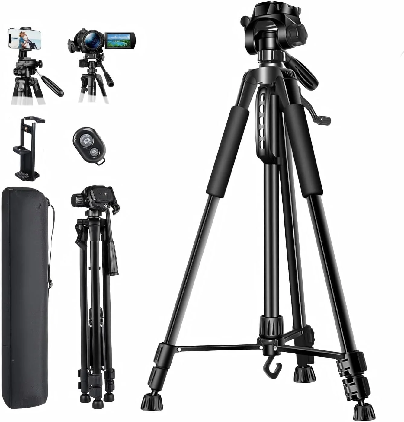 پایه دوربین سه پایه AccLoo با ارتفاع 168 سانتی متر، سه پایه تلفن با قابلیت عکسبرداری پانوراما 360 درجه با ریموت کنترل بی سیم، سه پایه آلومینیومی با کیف حمل، مناسب برای دوربین های DSLR / پروژکتور / تلسکوپ های دیدبانی / تلفن های هوشمند - مشکی پایه دوربین سه پایه AccLoo با ارتفاع 168 سانتی متر، سه پایه تلفن با قابلیت عکسبرداری پانوراما 360 درجه با ریموت کنترل بی سیم، سه پایه آلومینیومی با کیف حمل، مناسب برای دوربین های DSLR / پروژکتور / تلسکوپ های دیدبانی / تلفن های هوشمند - مشکی