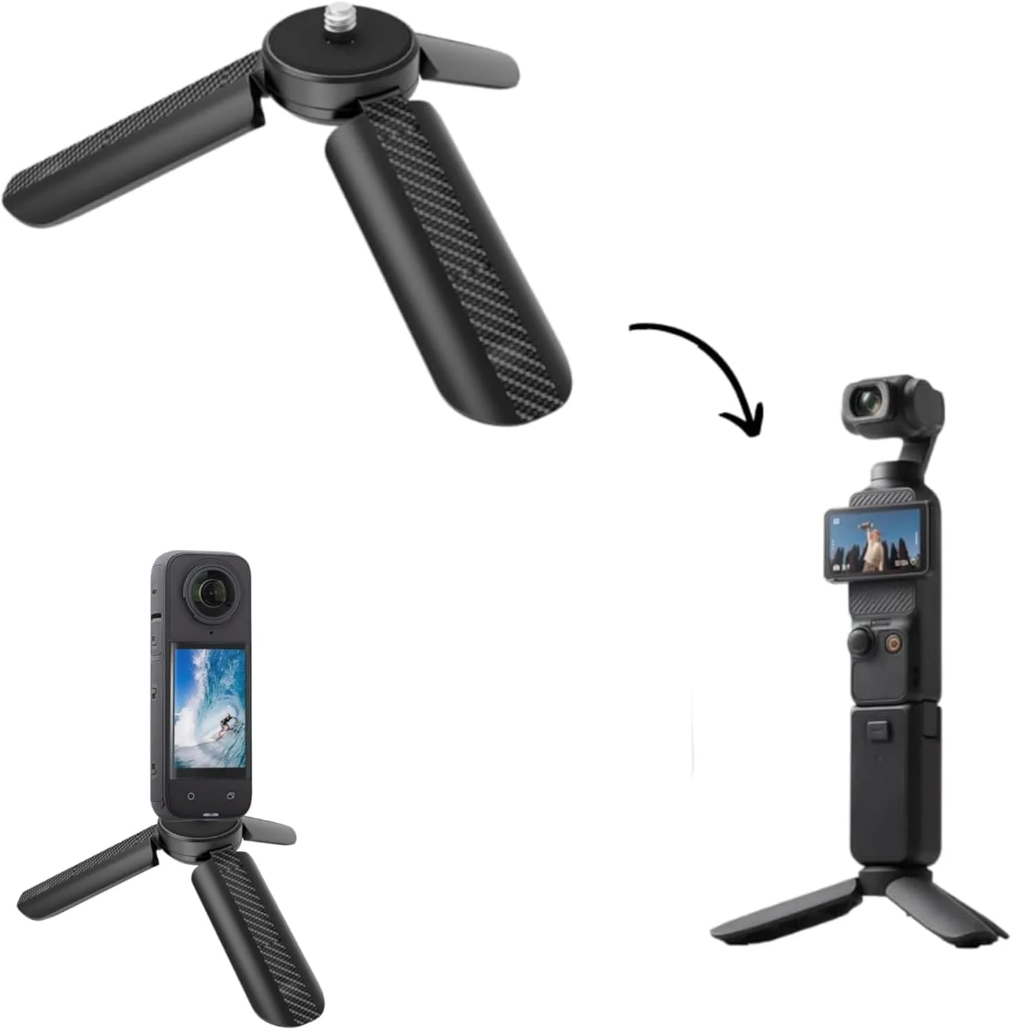 پایه رومیزی سه پایه مینی فیبر کربنی حرفه ای و نگهدارنده اکستنشن دستی برای DJI OSMO Pocket 3/2، Action 4/3، Insta360 X4/X3/X2 و دوربین های GoPro - کیت لوازم جانبی پایه دوربین اکشن قابل حمل