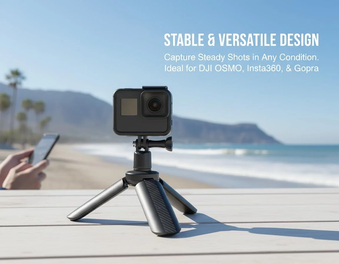 پایه رومیزی سه پایه مینی فیبر کربنی حرفه ای و نگهدارنده اکستنشن دستی برای DJI OSMO Pocket 3/2، Action 4/3، Insta360 X4/X3/X2 و دوربین های GoPro - کیت لوازم جانبی پایه دوربین اکشن قابل حمل