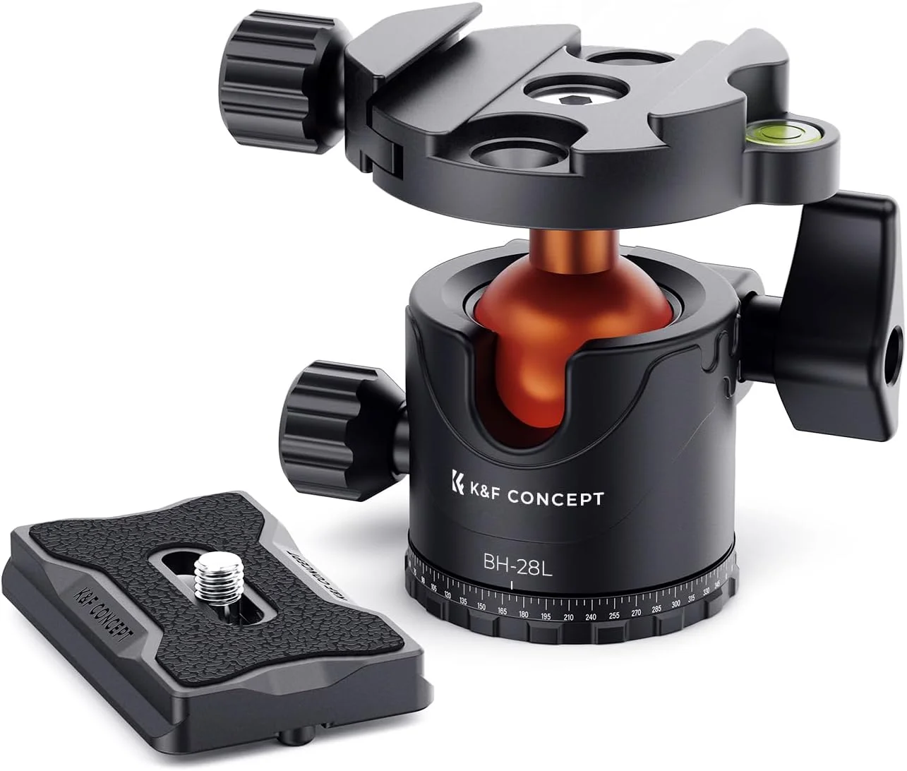 هد توپی سه پایه فلزی حرفه ای 28 میلی متری K&F Concept با چرخش 360 درجه پانوراما با صفحه رهاسازی سریع 1/4 اینچی و تراز حبابی برای سه پایه، تک پایه، لغزنده، دوربین فیلمبرداری تا 10 کیلوگرم
