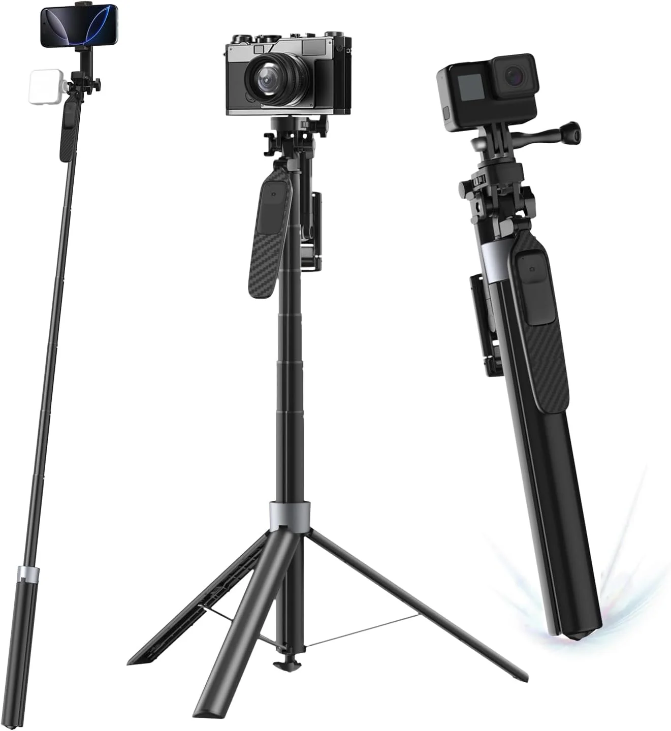 مونوپاد سه پایه سلفی اتوماتیک 71 اینچی با دسته چرخان 360 درجه و پیچ 1/4 اینچی برای دوربین و نگهدارنده انعطاف پذیر، پایه سلفی آلومینیومی سنگین و پایدار فوق العاده بلند برای وبلاگ نویسی و مسافرت با موبایل (مشکی)