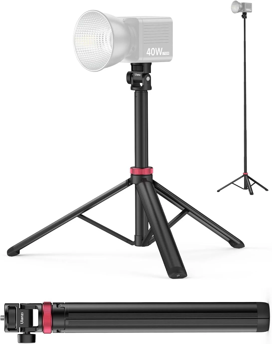 پایه نور مسافرتی قابل حمل و تنظیم اولانزی مدل MT-79 | سر قابل تنظیم، جنس آلومینیوم و پلاستیک، پدهای ضد لغزش | سازگار با Ulanzi LT028 LT023 | وزن 550 گرم، حداکثر وزن قابل تحمل 1 کیلوگرم، 8 بخش ارتفاع 36-205 سانتی متر