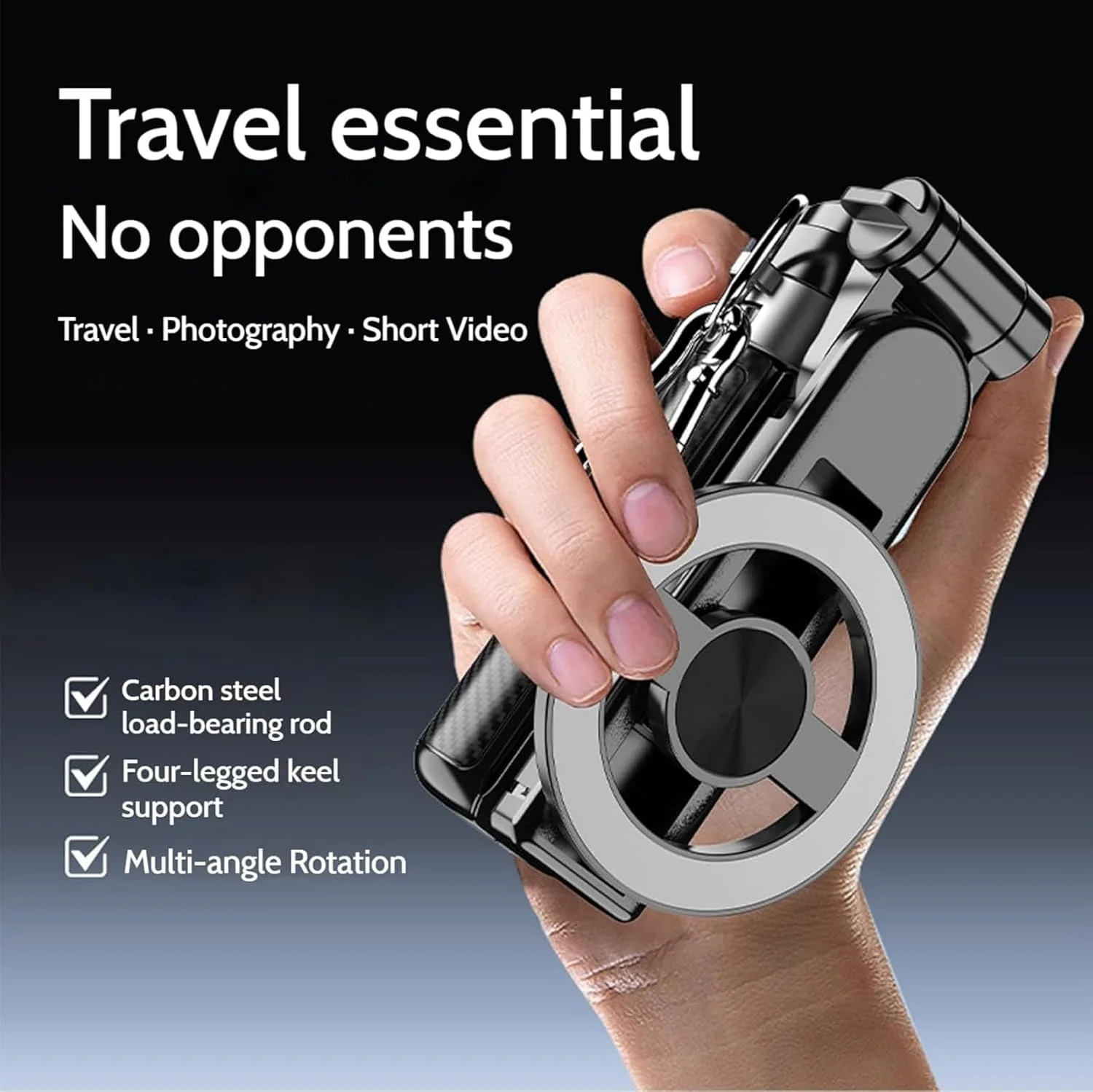 پایه سلفی مغناطیسی 360 درجه چرخان چند منظوره 4 در 1 مدل جدید 2025 - ریموت بلوتوث بی سیم، تاشو، جمع و جور و قابل حمل برای تلفن های هوشمند (پایه مسافرتی سبک)