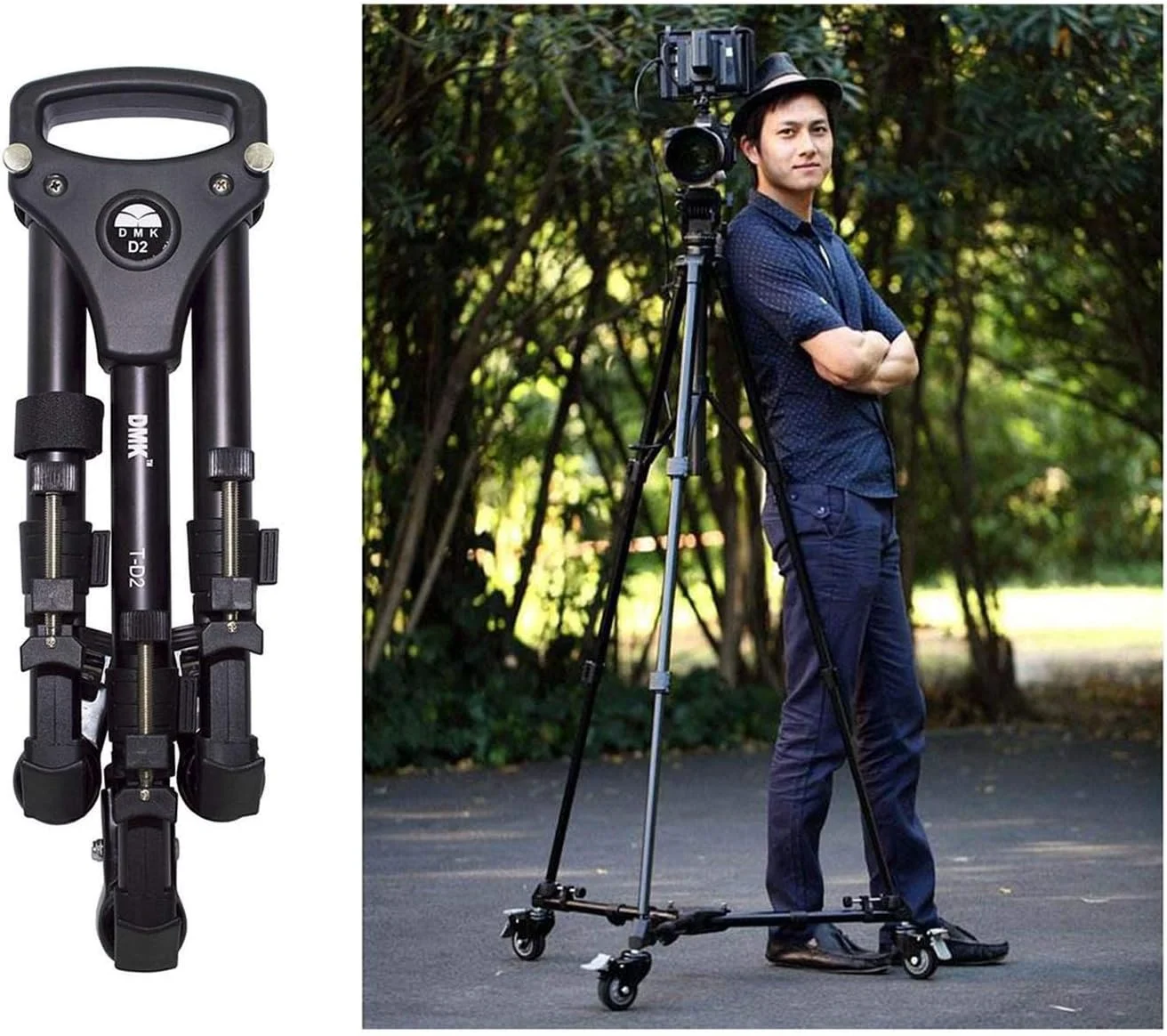 چرخ سه پایه حرفه ای DMK POWER DMK-D2 با پایه های قابل تنظیم و چرخ های قفل دار به همراه کیف حمل، سازگار با دوربین های DSLR نیکون، کانن و سونی (حداکثر وزن قابل تحمل 20 کیلوگرم)