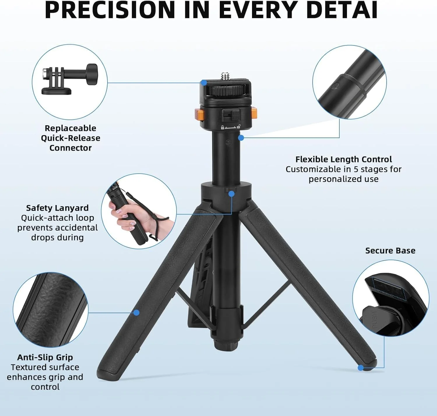 سه پایه Osmo Pocket 3 برای دوربین اکشن، سه پایه رومیزی کوچک قابل گسترش، مونوپاد سلفی دستی کوچک با پیچ 1/4 اینچی با قابلیت رهاسازی سریع، مناسب برای DJI Action 5 Pro و Insta360 X4 X5 X3