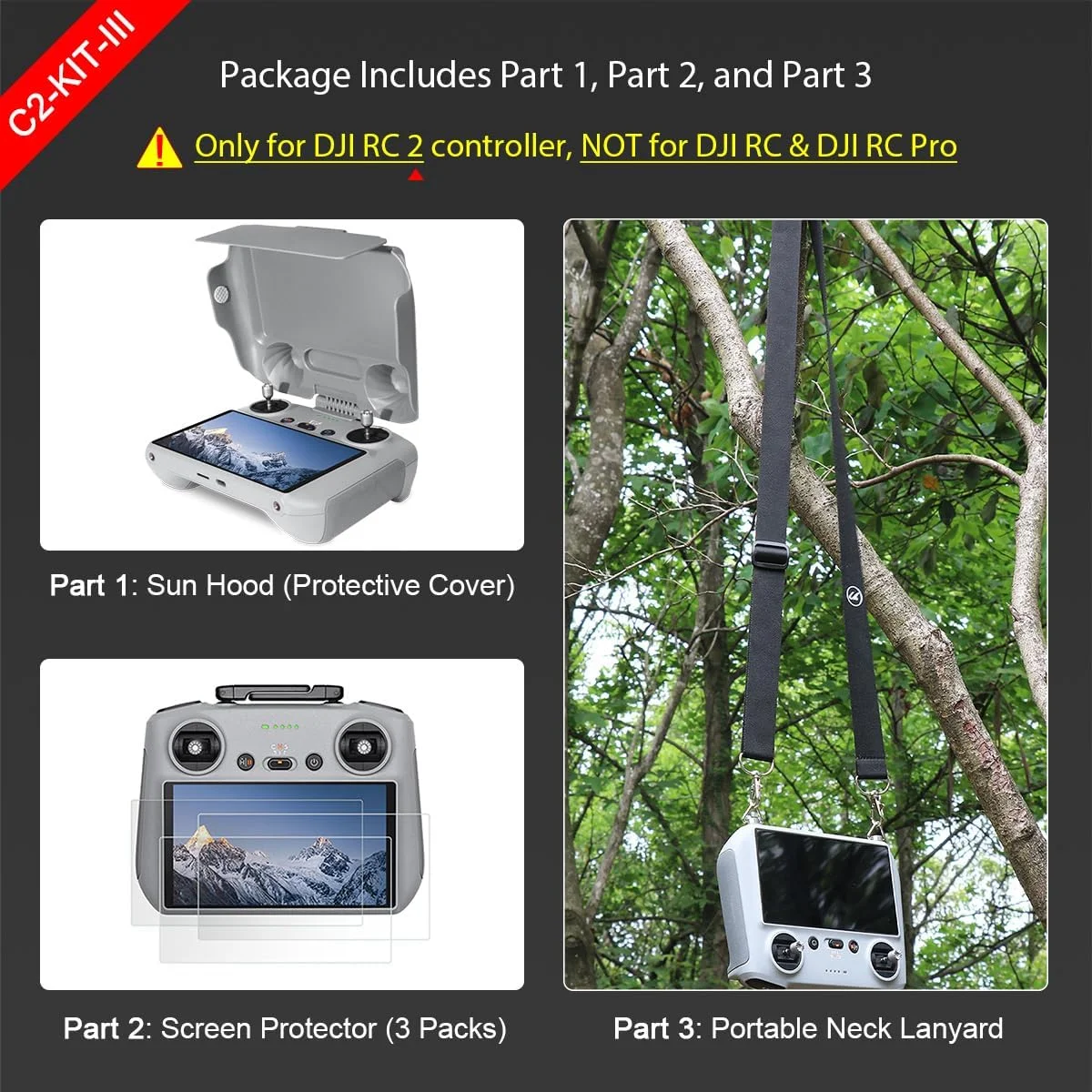 کیت محافظ آفتاب RC 2 Arzroic با محافظ صفحه نمایش و بند گردنی برای DJI Mini 5 Pro/Mini 4 Pro/Mavic 4 Pro/Flip/Air 3S/Air 3