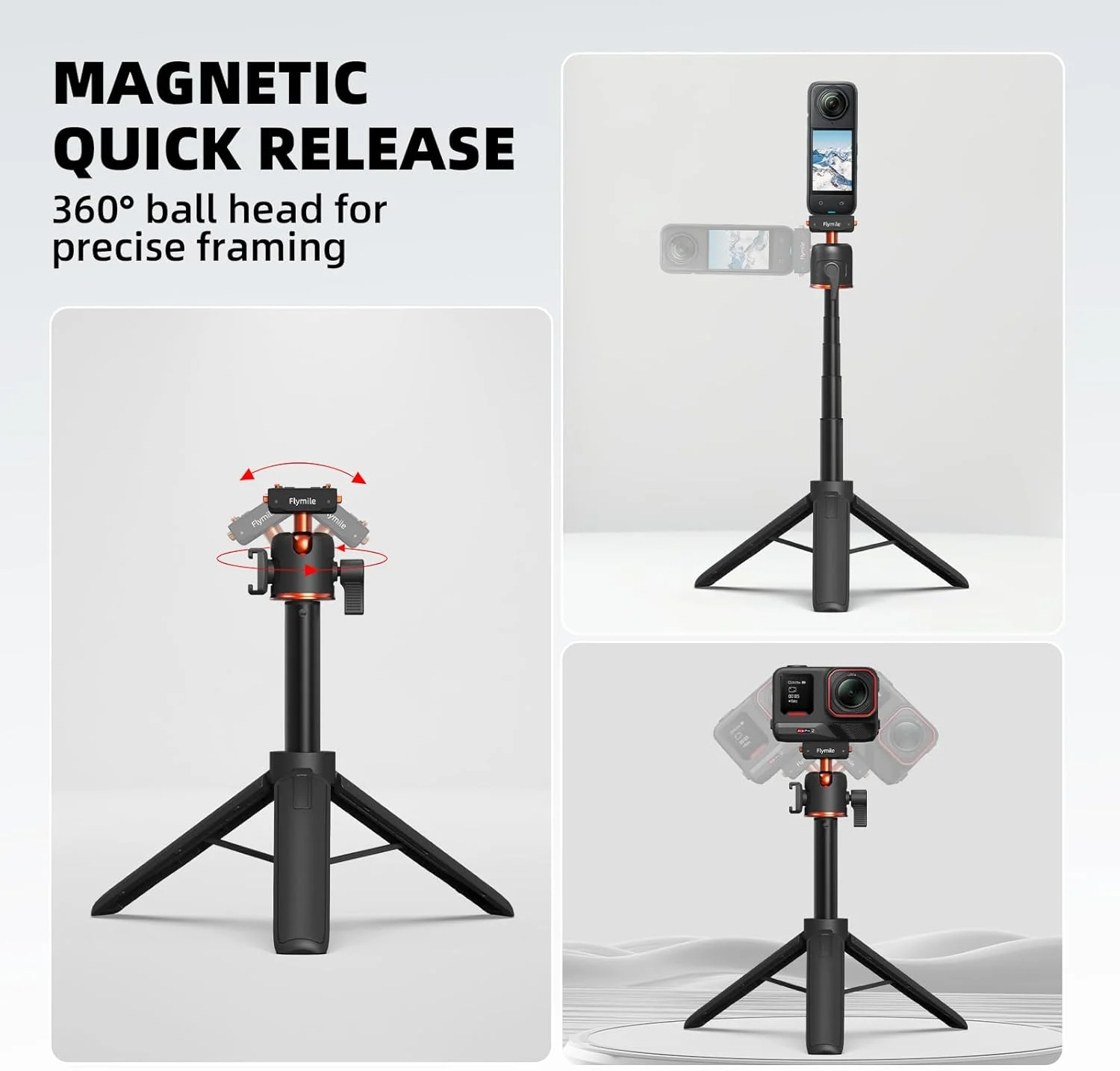سه پایه برای Insta360 X5 ACE Pro 2، مونوپاد 53 سانتی‌متری با رهاسازی سریع، میله‌ی افزایش طول، سه پایه رومیزی کوچک قابل حمل با دسته و مانت کفشک سرد برای Insta 360 X5، ACE Pro 2، لوازم جانبی ACE