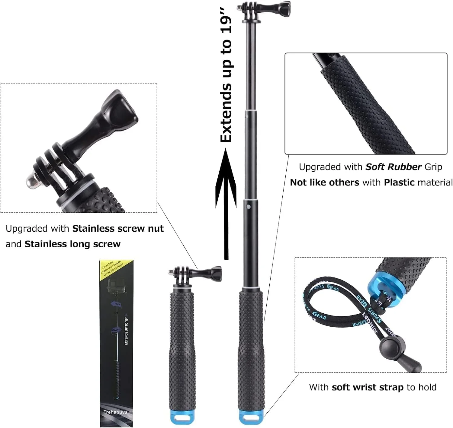 مونوپاد سلفی تالن، دسته ضد آب 19 اینچی با قابلیت تنظیم طول، سازگار با GoPro Hero 9 8 7 6 5 4 3+ 3 2 1 Session