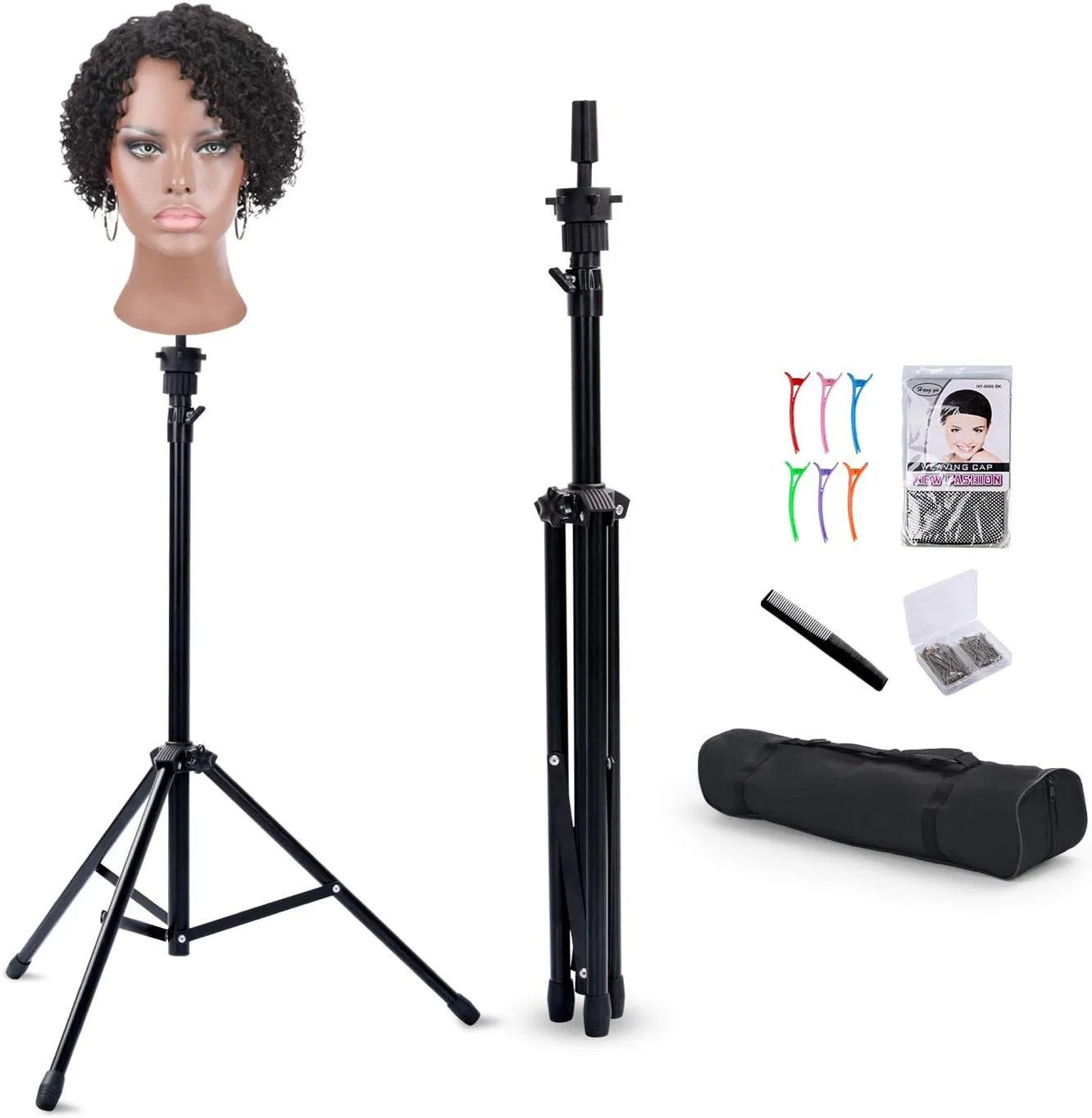 پایه نگهدارنده کلاه گیس تقویت شده، سه پایه نگهدارنده سر مانکن، پایه نگهدارنده سر کلاه گیس قابل تنظیم KV برای آموزش آرایشگری و آرایش با سوزن های T، دارای کیف حمل