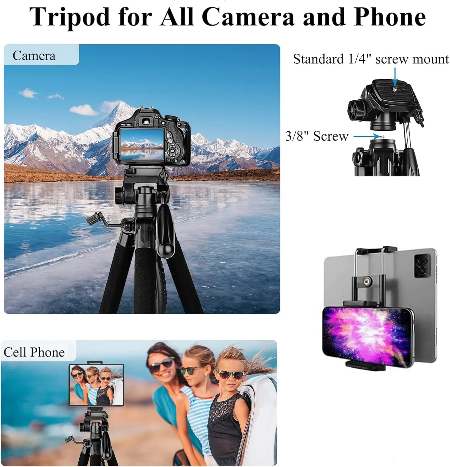 سه پایه دوربین 190 سانتی متری با کیف حمل، سه پایه تلفن همراه با ریموت، سه پایه آلومینیومی قابل حمل حرفه ای با پایه سه پایه تلفن و پیچ 1/4 اینچی، سازگار با تلفن/دوربین/پروژکتور/DSLR/SLR