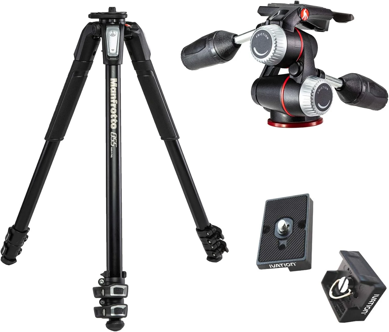 کیت سه پایه آلومینیومی 3 قسمتی Manfrotto MT055XPRO3 به همراه هد سه طرفه MHXPRO3W X-PRO با اهرم های جمع شونده و کنترل اصطکاک به همراه دو صفحه رهاسازی سریع جایگزین برای آداپتور اتصال سریع RC2