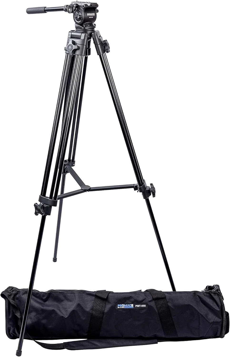 سه پایه فیلمبرداری حرفه ای Promage PMT-650 آلیاژ آلومینیوم با هد هیدرولیک روان گردان پانوراما برای دوربین های Canon Nikon Sony DSLR Recorder DV حداکثر ارتفاع 182 سانتی متر حداکثر بار 10 کیلوگرم به همراه کیف حمل
