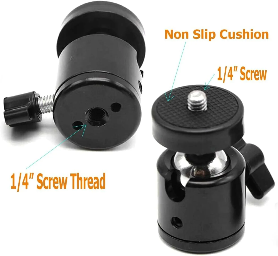 دو عدد سر توپی گردان مینی با پیچ 1/4 اینچی، نگهدارنده براکت سه پایه، آلیاژ آلومینیوم سبک وزن 70 گرم، تحمل وزن 1.8 کیلوگرم، سازگار با دوربین های DSLR، تلفن های هوشمند و دوربین های اکشن